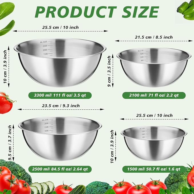 Honeydak 8 Pack Stainless Steel Mixing Bowls Set Nesting Bowls with Scale Includes 1.3, 1.7, 2.6, and 3.2 Qt Meal Prep Bowl Stainless Steel Salad Bowl Dishwasher Safe for Baking Cooking Prepping