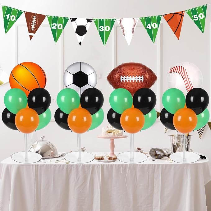 4 Sets Sports Party Balloons Stand Kit with Basketball Football Baseball Foil Balloons Sports Theme Party Balloon Centerpiece for Christmas Winter Tables Game Themed Birthday Baby Shower Decorations