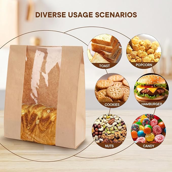 60 pack bread paper bags with window, including 60 homemade bread storage label seal stickers (13.7x8.3x3.5 inches)