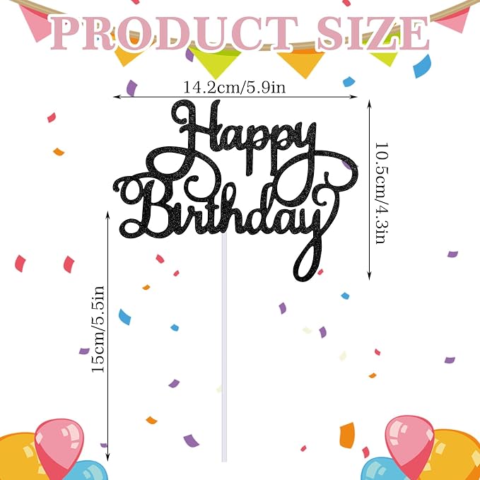 Piriuuo Happy Birthday Cake Topper Glitter 'Happy Birthday' Cake Pick Black