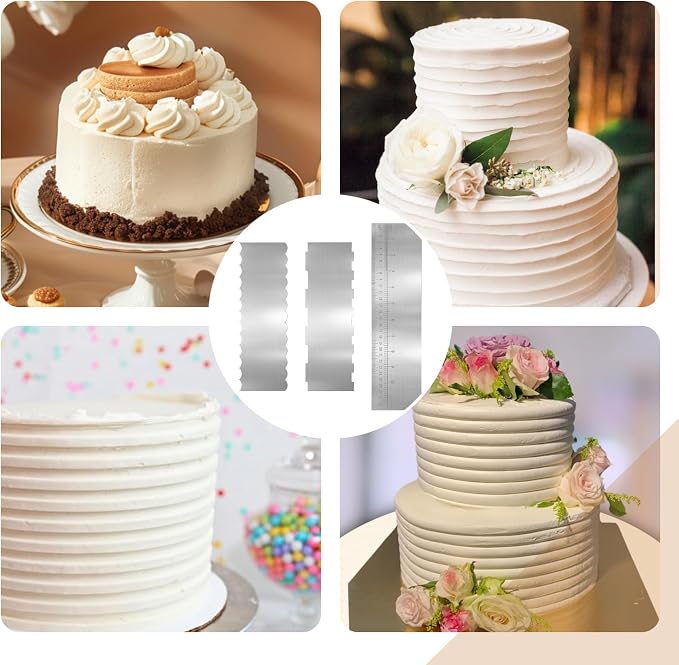 Stainless steel cake spatula, 3-piece set, includes 2 x 8.6-inch double-sided patterned spatulas and 1 x 12-inch stainless steel cake spatula with measurements — suitable for mousse cream frosting.