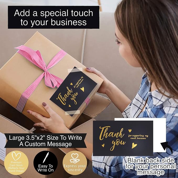 620pcs Thank You Business Cards & Stickers Set - Gold Foil, 100 Cards, 500 Stickers, 20 Resealable Bags (Black)