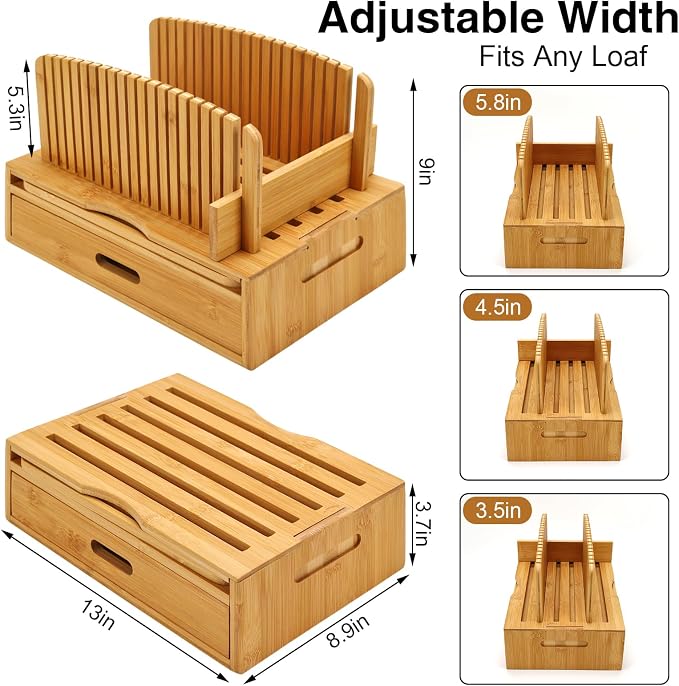 Bamboo Bread Slicer for Homemade Bread, Wilupry Bread Cutter Guide with Crumb Tray Adjustable Foldable for Sourdough Rounds Loaf Sandwich