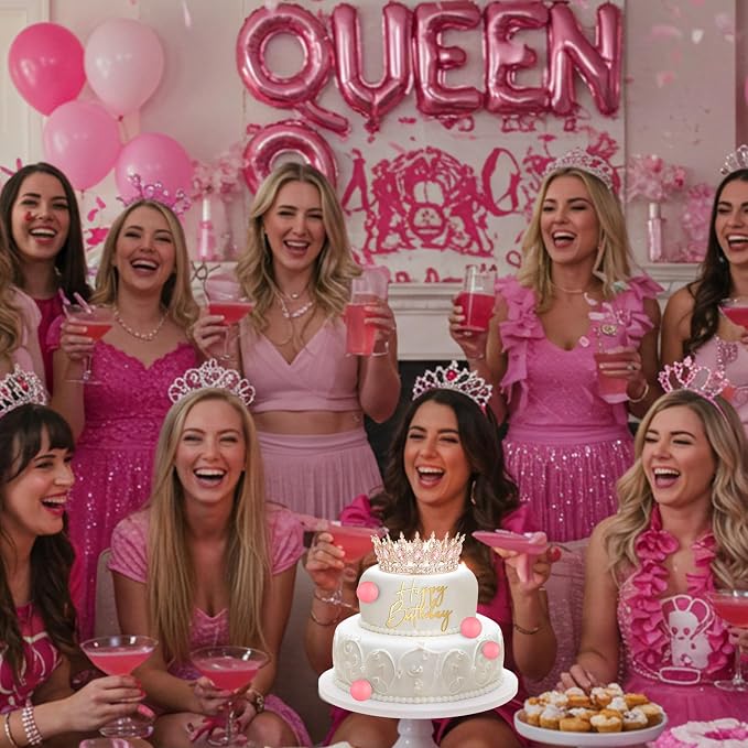 8 Pcs Pink Queen Crown Cake Topper for Women, Happy Birthday Cake Toppers Foam Balls Rhinestone Crystal Tiara Wedding Decoration for Princess Party Photo Props