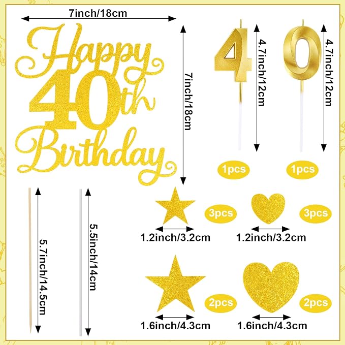 Happy 40th Birthday Cake Topper for 40th Birthday Decorations Numeral 40 Candle with Glitter Heart Cupcake Picks Set for Men Women Hello 40 Birthday Anniversary Party Cake Decor Supplies（GOLD）