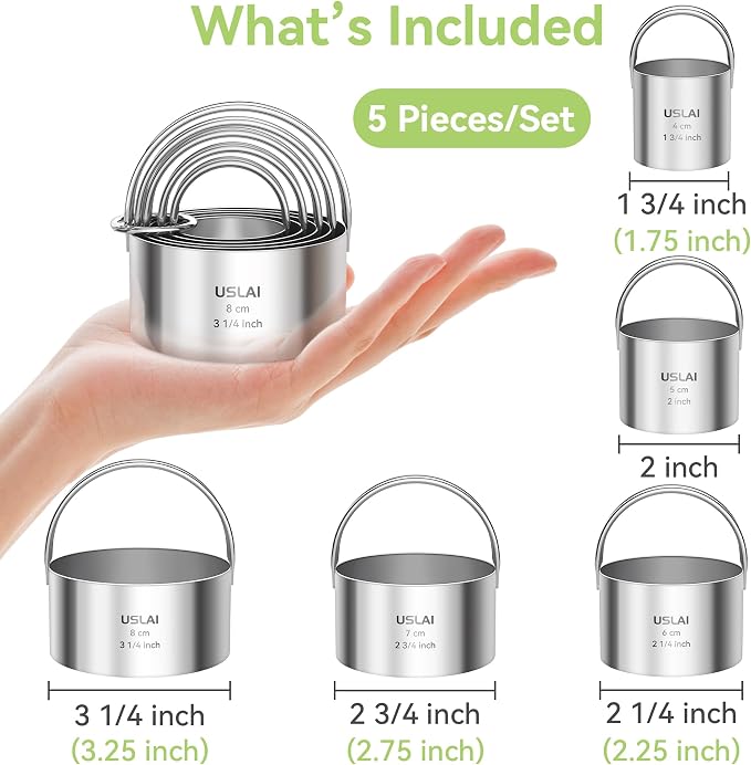 USLAI Biscuit Cutter Set (1.75, 2, 2.5, 2.75, 3.25 Inch), Stainless Steel Round Cookie Cutter with Handle, Professional Kitchen Baking Dough Tools, 5 Pieces - Circle