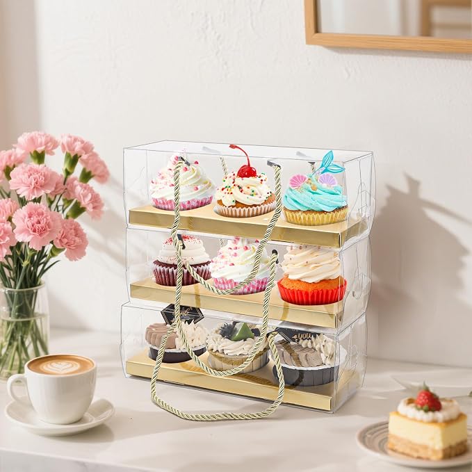 Coloch 24 Pack Clear Cupcake Box with Handle, 9 x 3 x 3 In 3 Count Plastic Cupcake Container Baked Dessert Box, for Cupcake, Dessert, Muffins, Party, Wedding