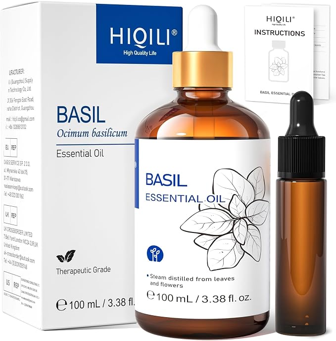 HIQILI Basil Essential Oil, Diffuser in Bedroom, Yoga, Mediation for Calming Relaxation Mood, Hair Growth, Body Massage, DIY Sweet Herbal Scented Soap Gifts- 100ML