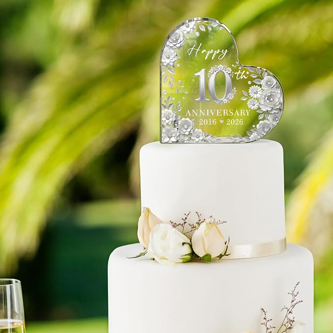 10th Anniversary Cake Topper Acrylic,10 th Anniversary Decorations & Keepsake Gift for Couples（10th Anniversary-Silver Wreath）