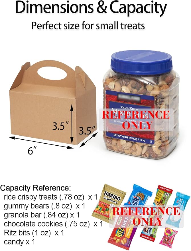 Happyhiram 25 CT Party Treat Boxes Kraft Brown, Candy Boxes with Handles 6" Gable Boxes DIY Party Favor Bags Goodie Boxes Snack Cardboard Box for Kids Birthday Party Supplies for Cookies and Ornament