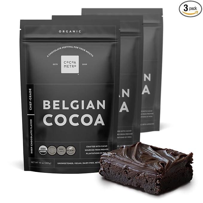 Cocoa Metro Organic Belgian Cocoa Powder (3 Pack), Unsweetened Cocoa Powder For Baking, Rich Fudgy Flavor, Non Alkalized, Best European Roast Chocolate Flavor, Keto Friendly, Vegan - Super Chocolatey