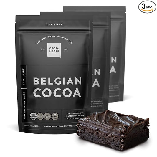 Cocoa Metro Organic Belgian Cocoa Powder (3 Pack), Unsweetened Cocoa Powder For Baking, Rich Fudgy Flavor, Non Alkalized, Best European Roast Chocolate Flavor, Keto Friendly, Vegan - Super Chocolatey