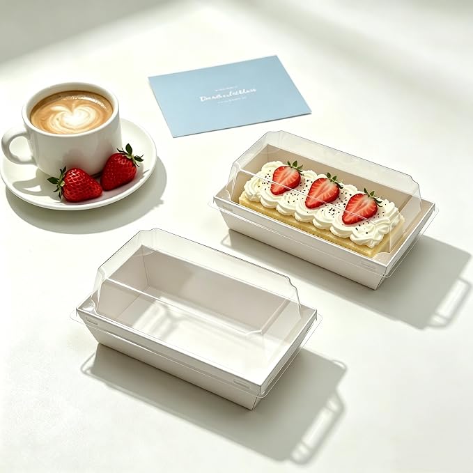 100 Pack Charcuterie Boxes with Clear Lids, White Mini Dessert Bakery Boxes, Empty To Go Food Containers with Stickers for 2 Cupcakes, Muffins, Cake Slice Sushi Strawberry, 5.5 x 2.7 Inches