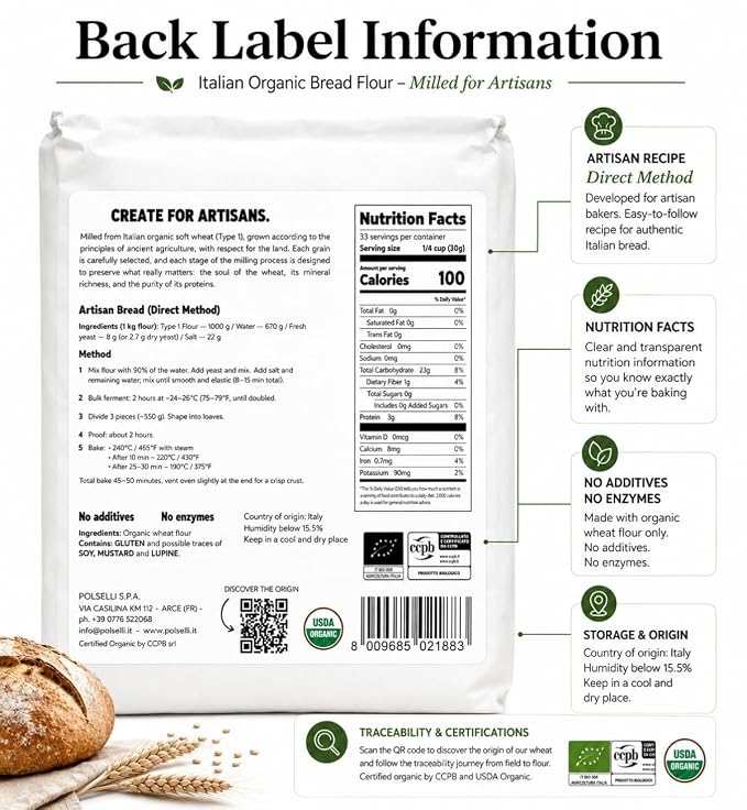 Polselli Organic Bread Flour, High-Extraction Type 1 Wheat Flour, 5 kg | High-protein Italian organic wheat flour for sourdough and artisan breads; unbleached, unbromated, non-GMO, no enzymes