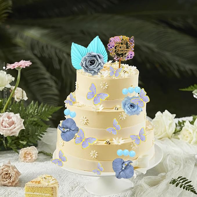 27 PCS Flower Cake Decorations Blue Cake Decorations Boho Butterfly Cake Toppers with Rose Artifical Flowers Palm Leaves Balls Happy Birthday Cake Topper for Birthday Party Wedding Baby Shower