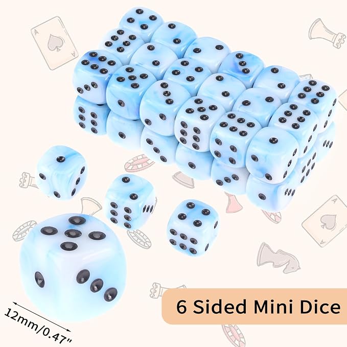 36 of Pack 12MM 6 Sided MINI Dice Set,Mixed Colours Swirls D6 Game Dice Set, 6 Sided Standard Dices for Yahtzee, Bunco or Teaching Math,with Portable Plastic Box(Blue White)