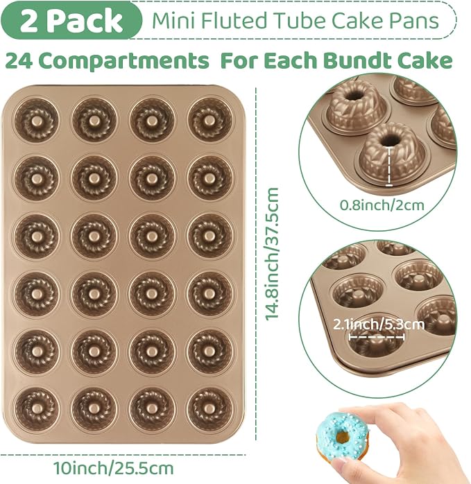 2 Pack Mini Bundlette Cake Pans for Baking, 24-Cavity Mini Fluted Cake Pans, Nonstick Carbon Steel Bundtini Cake Molds, Mini Pound Cake Pan for Cupcakes, Donuts, Cornbread, Brownies, Jellies