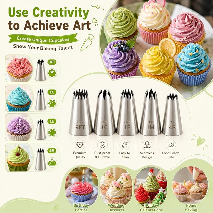 5 Pack Stainless Steel Seamless Piping Icing Tips #9FT 1C 1E 1M 4B, Large Star Piping Nozzle, Cake Decorating Tools for Baker
