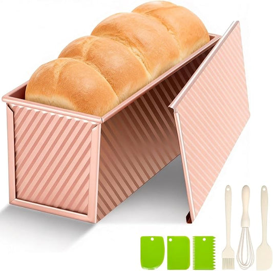 【6 Bonus Tools】2.2lb Pullman Loaf Pan with Lids,Premium Non-Stick Sandwich Bread Loaf Pan with Lid for Homemade Bread, Carbon Steel Corrugated Bread Toast Box Mold with Cover for Sourdough Loaf Pan
