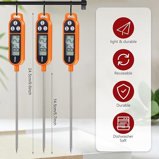 Copkim Instant Read Meat Thermometer with Long Probe 9.65 Inch Kitchen Cooking Food Candy Waterproof Digital Thermometer for BBQ Water Milk Yogurt Liquid(Orange,6 Pcs)