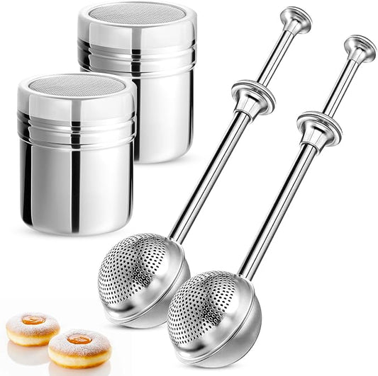 4 Pack Powdered Sugar Shaker Duster, Stainless Steel Cinnamon Sugar Shaker & Flour Duster Set, Spring Flour Sifter for Sugar Flour and Spices