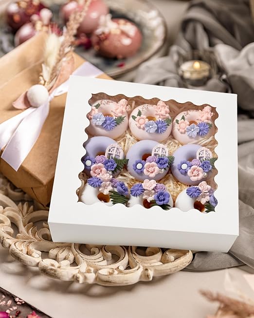 Bakepacker 55pcs White Pie Boxes 8x8x2.5 inches Easy Assemble Macaroon Bakery Boxes Cookie Boxes with Window for Bakery (Auto-pop Up)