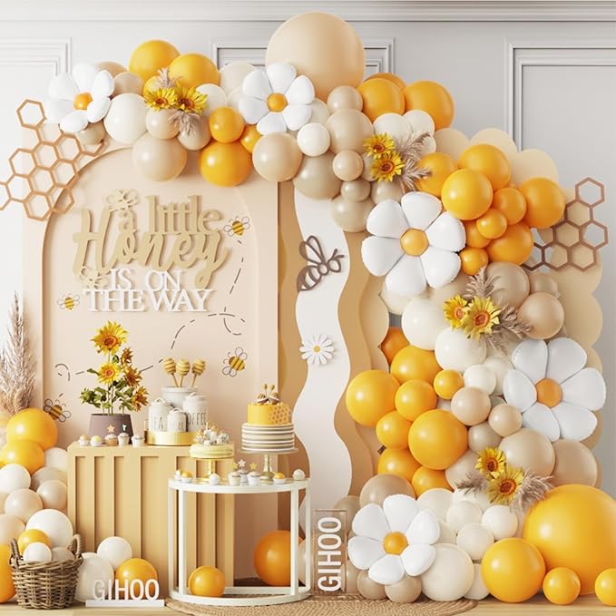 Bee Balloon Garland Arch Kit 141pcs Brown Mustard Yellow White Balloons with Flower Daisy Mylar Balloon for A Little Honey is on the Way Theme Party Decoration (Yellow White)