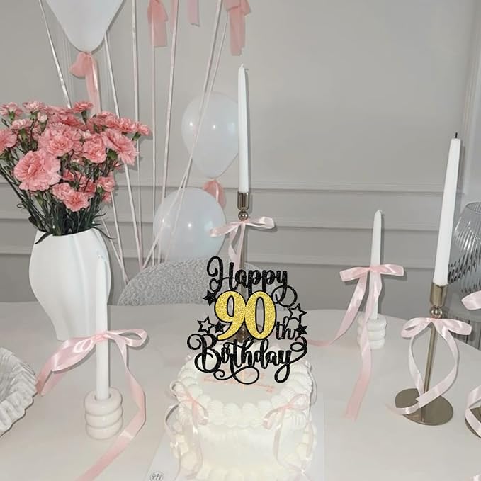1 PCS Happy 90th Birthday Cake Topper Black Gold Glitter Cheers to 90 Years Birthday Cake Pick Hello 90 Fabulous Cake Decoration for Happy 90th Birthday Anniversary Party Decorations Supplies