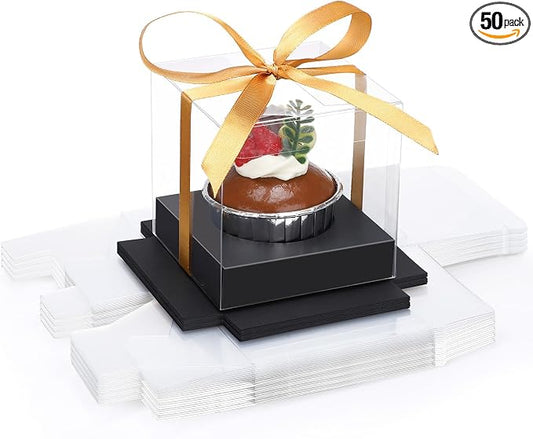 EUSOAR Black Cupcake Boxes, 50 Pcs 3.5 Inch Clear Plastic Cupcake Containers Box Individual with Inserts and Ribbon, Single Pastry Wrappers Transparent Muffin Holder for Wedding Favor Bakery Decor