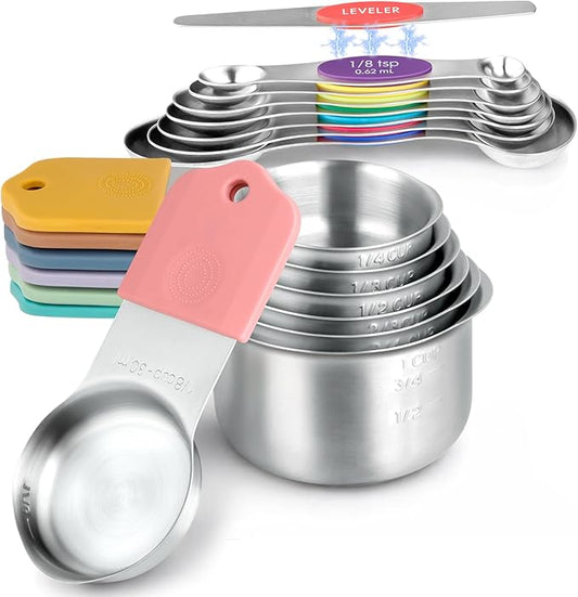 Magnetic Measuring Cups & Spoons Set, Strong N45 Magnets, Heavy Duty 304 Stainless Steel Fits in Spice Jars for Baking & Cooking, BPA Free, Round Set of 15 with Leveler, Light Colorful