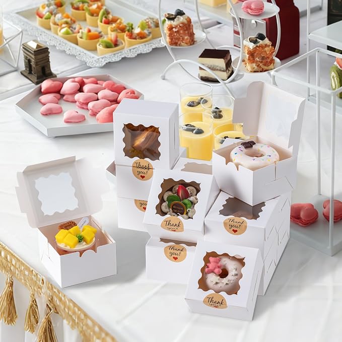 20pcs Cookie Boxes with Window, 4x4x2.5 Inches Bakery Boxes with 25pcs Stickers for Cookies, Bakery, Desserts, Candy, Chocolate Covered Strawberries, Mini Cake (White)