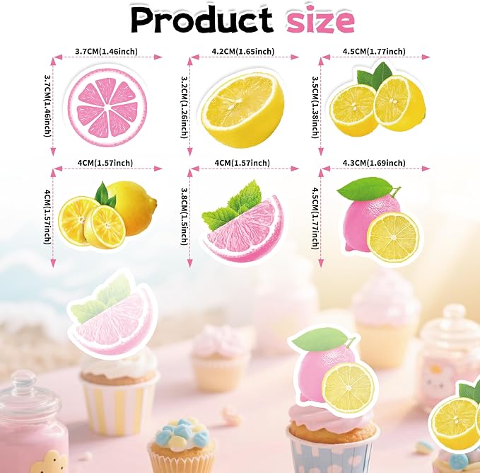 72Pcs Edible Lemon Cupcake Toppers Fruits Theme Party Decorations Lemonade Theme Cupcake Toppers for Summer Fruit Theme Theme Party Wedding Bridal Shower Supplies