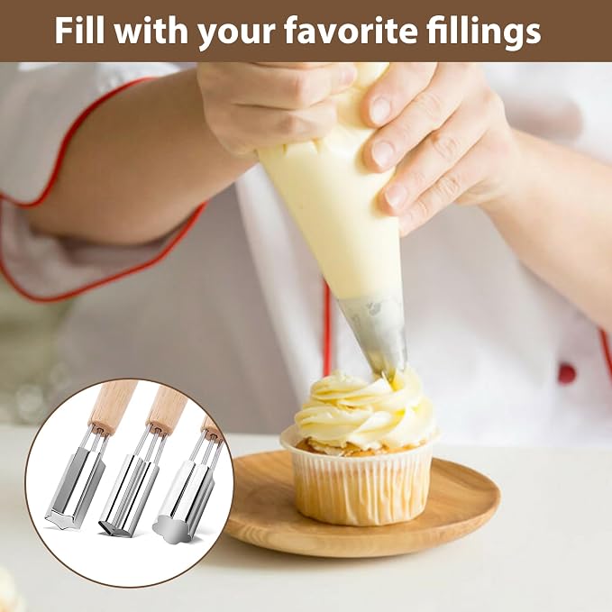 SHANGSKY Pastry Cutter Wheel Cupcake Corer Stainless Steel, 3 Pcs Cupcake Filler Tools, Heart Star Flower Type Sandwich Cupcake Filler Tools, Kitchen Cake Baking Filling and Decorating