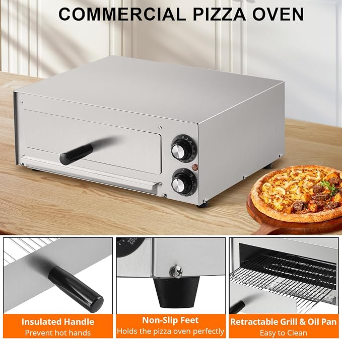 Commercial Pizza Oven Countertop, 14" Electric Pizza Oven for Indoor Use, Stainless Steel Electric Oven with Timer, Removable Crumb Tray, for Home Kitchen, Restaurant