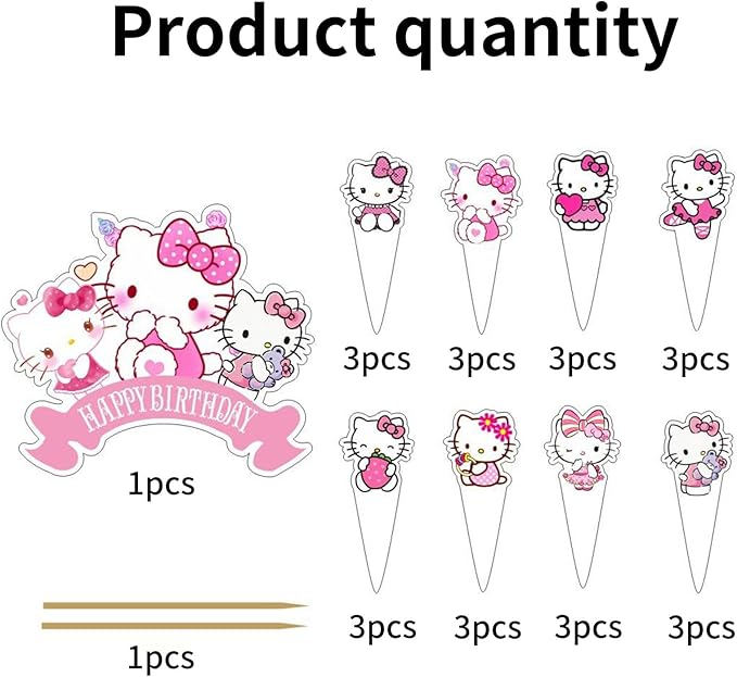 25 Pcs Birthday Party Supplies, Happy Birthday Cake Topper, Cute Anime Cupcake Toppers for Girls (Pink)