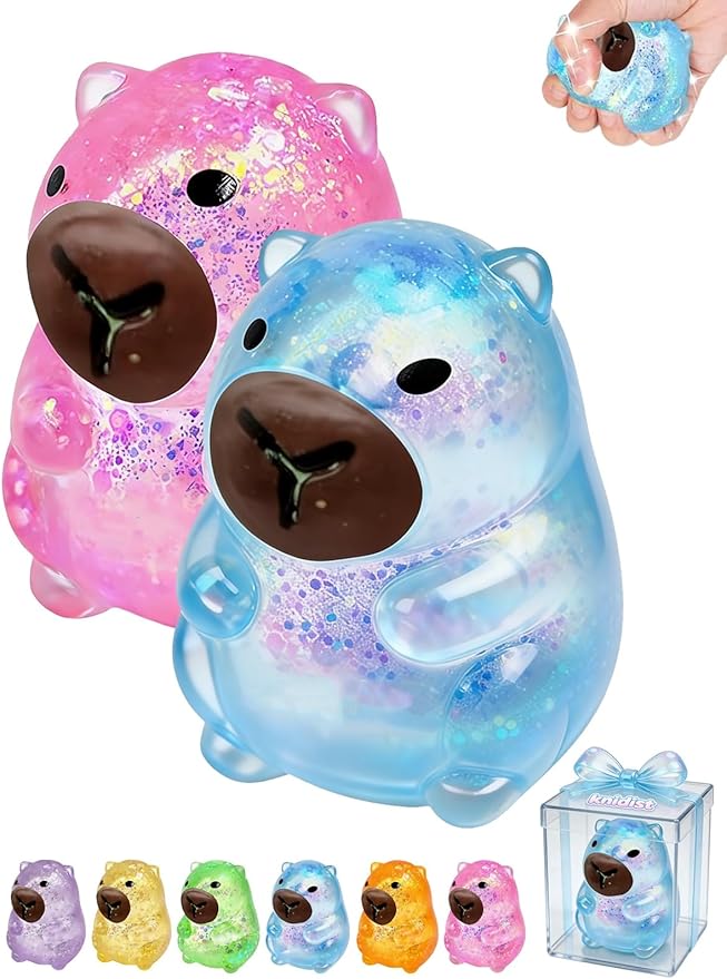 Capybara Squishy Glitter Animal Squeeze Balls Cute Capybara Stress Ball Anxiety Relief Slow Rise Adult Sensory Fidget Tool Gift Sparkling Desk Decor Collectibles Decompression Dough(2pcs Set2)
