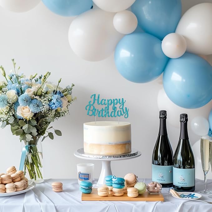 BEISHIDA Lake Blue Happy Birthday Cake Topper, Happy Birthday Cake Bunting Decor,Birthday Party Decoration Supplies，Photo Booth Props