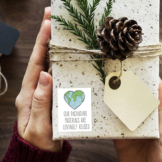 Muminglong 1.5 Inch Our Packing Materials Are Lovingly Reused Sticker, Thank You, Reused Box, Recycling Label, Love Shaped Earth, Handmade, Packaging, 500 PCS