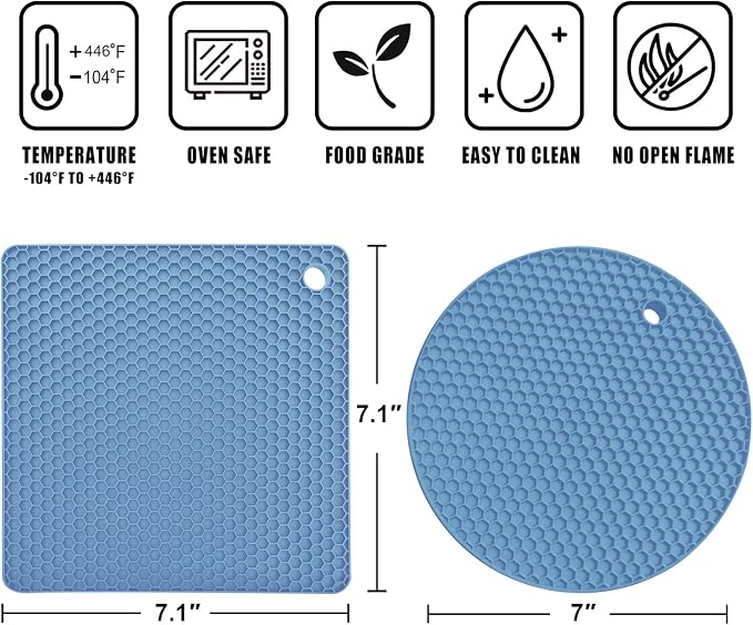 Walfos Silicone Trivet Mats - 4 Heat Resistant Pot Holders, Multipurpose Non-Slip Hot Pads for Kitchen Potholders, Hot Dishers, Jar Opener, Spoon Holder, Food Grade Silicone & BPA Free (Nordic Blue)