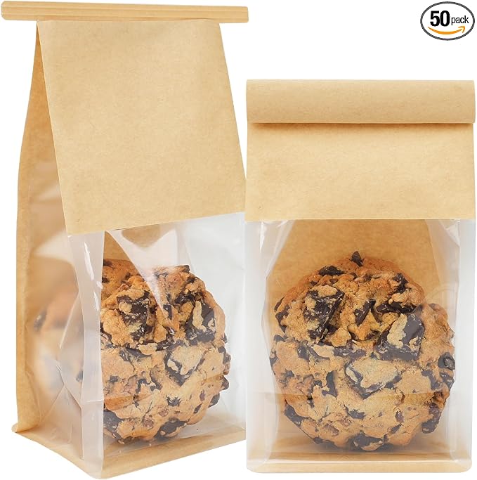 50 Pack Cookie Packaging Bags, 3.9x3.1x8.2 Inches Small Bakery Bags with Window Tin Tie Tab Lock Resealable Paper Treat Bag for Baked Goods Gift Giving and Bake Sale | Thick Material