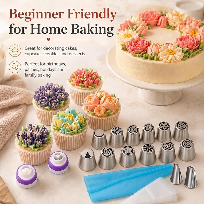 27 PCS Russian Piping Tips Set with Pastry Bags and Couplers, Stainless Steel Flower Piping Tips for Cake Decorating, Flower Icing Tips and Frosting Nozzles for Cupcakes, Cookies and Desserts