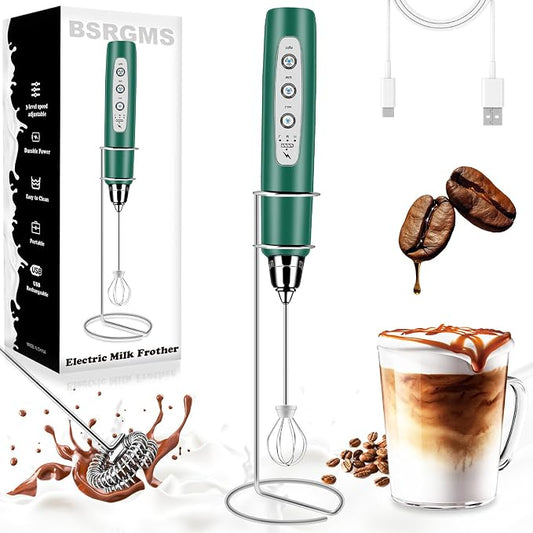 BSRGMS Milk Frother Handheld with Stand, Electric Whisk 3 Speed Adjustable, Drink Mixer with Stainless 3 Whisk, Rechargeable Hand Frother Wand, Foam Maker for Latte Cappuccino Hot Chocolate Egg Green