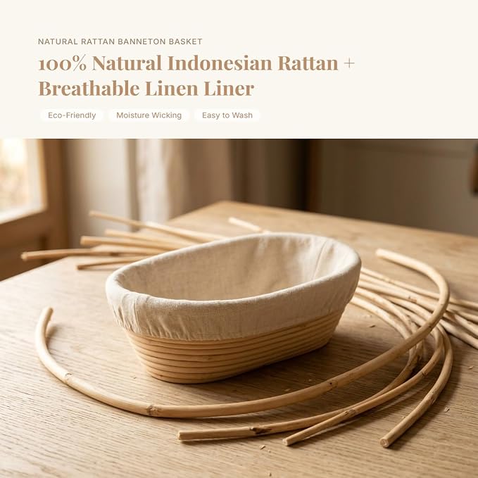 Bread Proofing Basket Set 9" Round and 10" Oval Banneton for Bread Baking, Natural Rattan Wicker Basket with Bread Lame, Danish Whisk, Scraper - Profeesional Baker's Kit