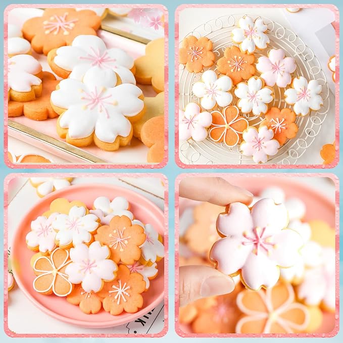 Crethinkaty 5 Styles Cookie Mold Stampers Cherry Blossom Pastry/Stamper Pink Cherry Blossom Shape Flower Hand Pressure Pastry Tool Fondant Cutters Set for Baking