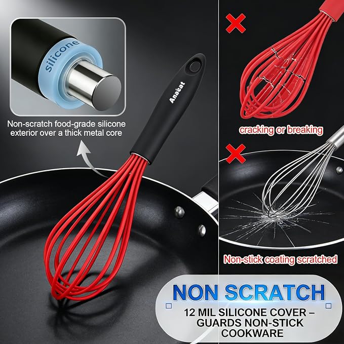 Anaeat Silicone Kitchen Whisk Set of 4, Perfect for Non-Stick Cookware, Milk and Egg Beater Blender for Whisking, Cooking, Baking, Beating - 11'' Flat Whisk and 9''+11''+12'' Balloon Whisks (Red)