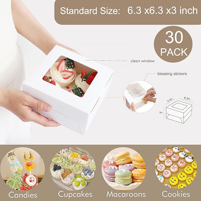 Cupcake Boxes 4 Count with Window, Bakery Boxes, Muffin Containers, Food Grade, Easy Assembly for Candies, Mini Cakes and Baked Goods - 6.3x6.3x3, 30 Pack