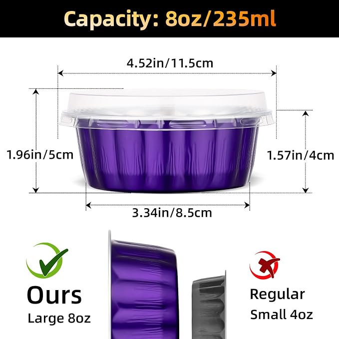 Beasea Disposable Ramekins with Lids, 120 Pack 8 oz 4 Inch Mini Aluminum Foil Creme Brulee Baking Cups Small Round Cupcake Muffin Tins Baking Cups Individual Containers for Party - Violet Purple