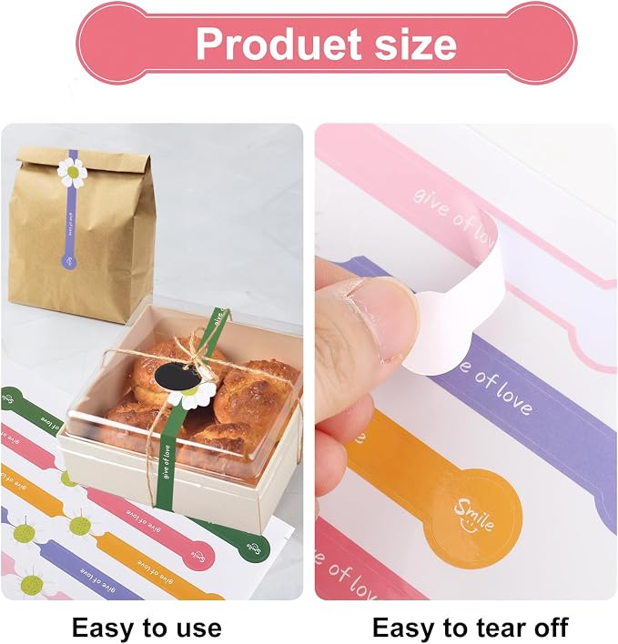 200Pcs Handmade Food Baking Seal Stickers Labels,Colorful Flower Long Label Bakery Stickers,Self Adhesive Goods Bakery Sticker Sealing Tamper Proof Sticker for Pastry Bags Lollipops Candy Cake