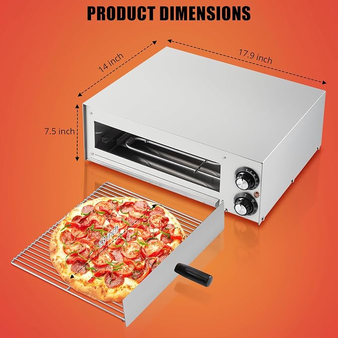 Commercial Pizza Oven Countertop, 14" Electric Pizza Oven for Indoor Use, Stainless Steel Electric Oven with Timer, Removable Crumb Tray, for Home Kitchen, Restaurant