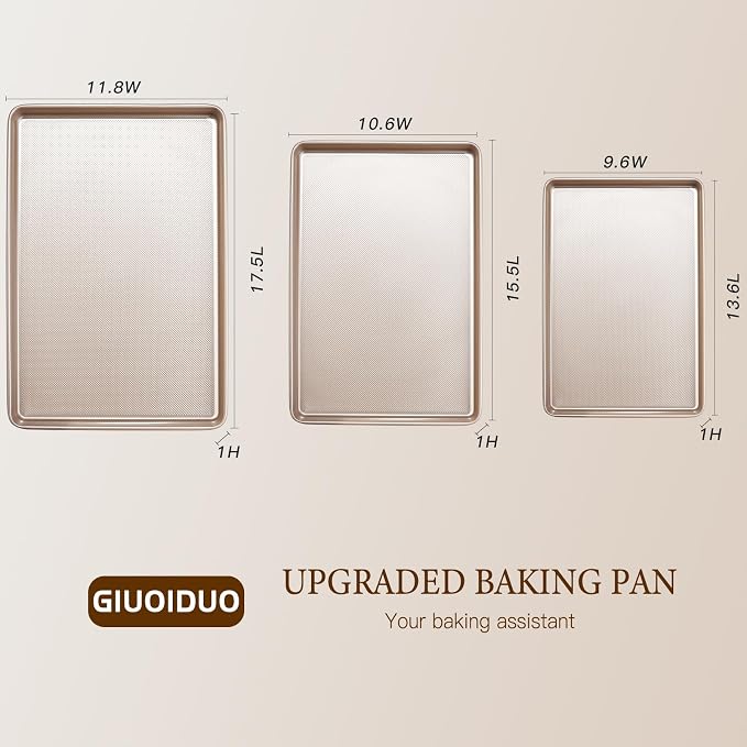 GIUOIDUO Baking Sheet Set of 3, Nonstick Heavy Duty Cookie Sheets for Oven - 13.6"×9.6"/15.5"×10.6"/17.5"×11.8" Warp-Resistant Carbon Steel Bakeware Trays, Champagne Gold, Dishwasher & Oven Safe